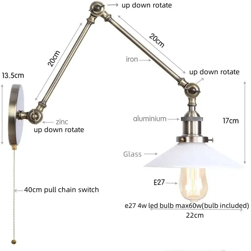 Antique brass ribbed led glass swing arm wall lamps for bedroom