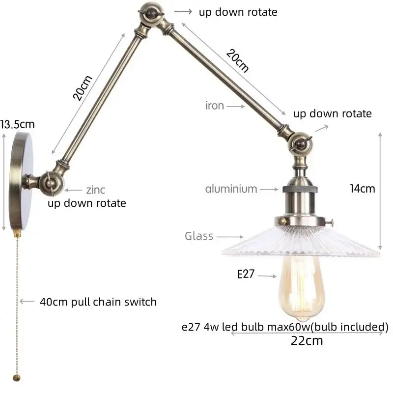 Antique brass ribbed led glass swing arm wall lamps for bedroom