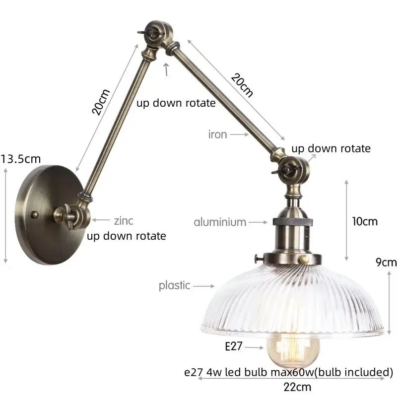 Antique brass ribbed led glass swing arm wall lamps for bedroom