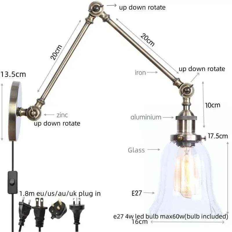 Antique brass ribbed led glass swing arm wall lamps for bedroom