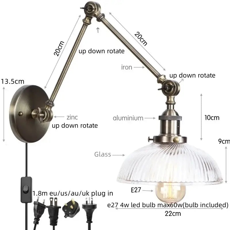 Antique brass ribbed led glass swing arm wall lamps for bedroom