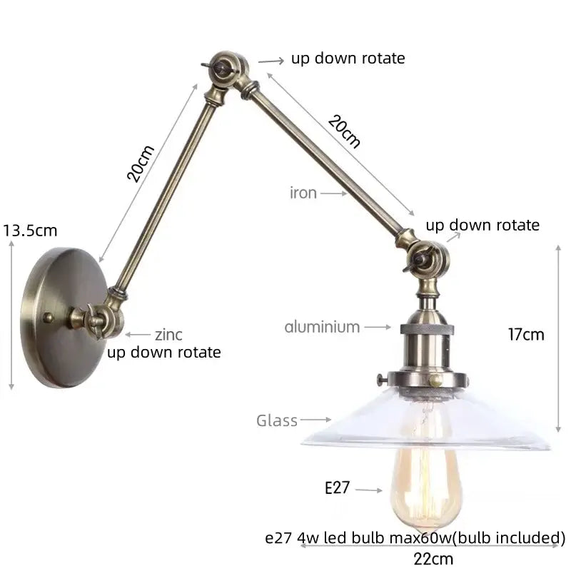 Antique brass ribbed led glass swing arm wall lamps for bedroom