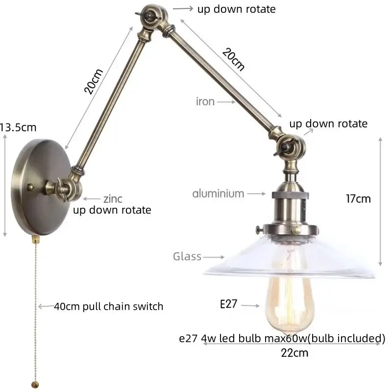 Antique brass ribbed led glass swing arm wall lamps for bedroom