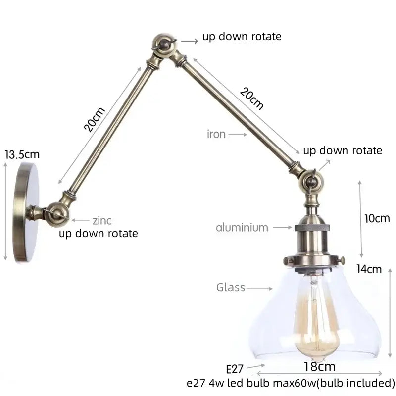 Antique brass ribbed led glass swing arm wall lamps for bedroom