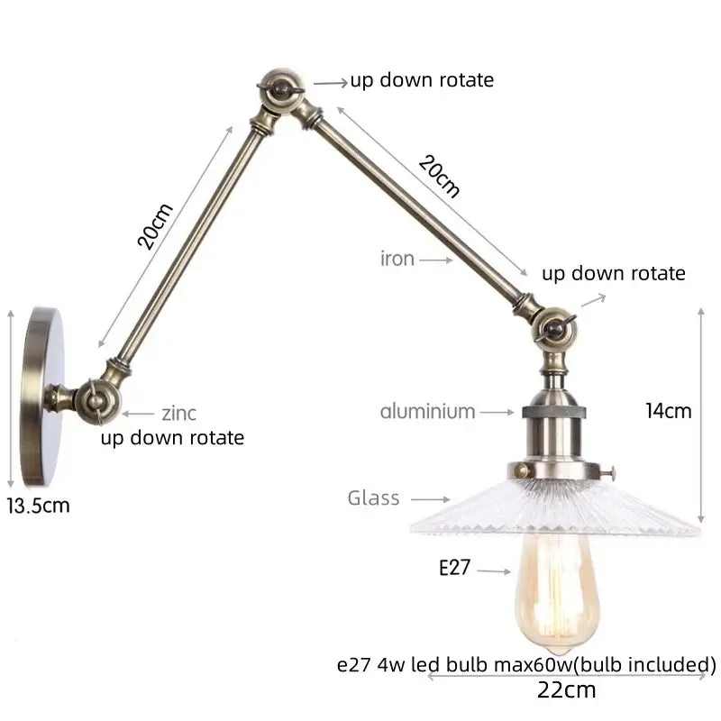 Antique brass ribbed led glass swing arm wall lamps for bedroom
