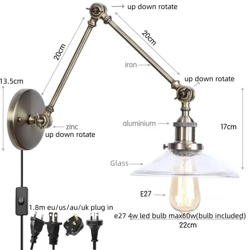 Antique brass ribbed led glass swing arm wall lamps for bedroom