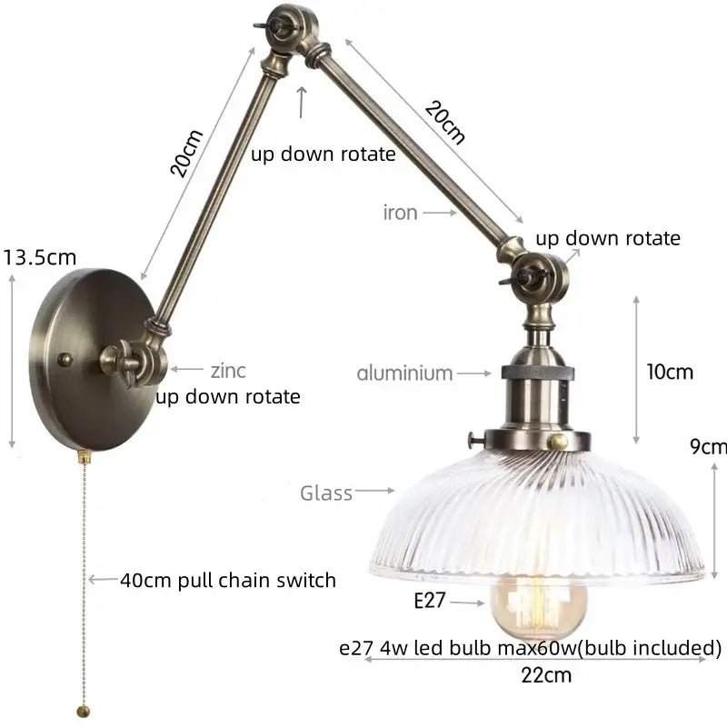 Antique brass ribbed led glass swing arm wall lamps for bedroom