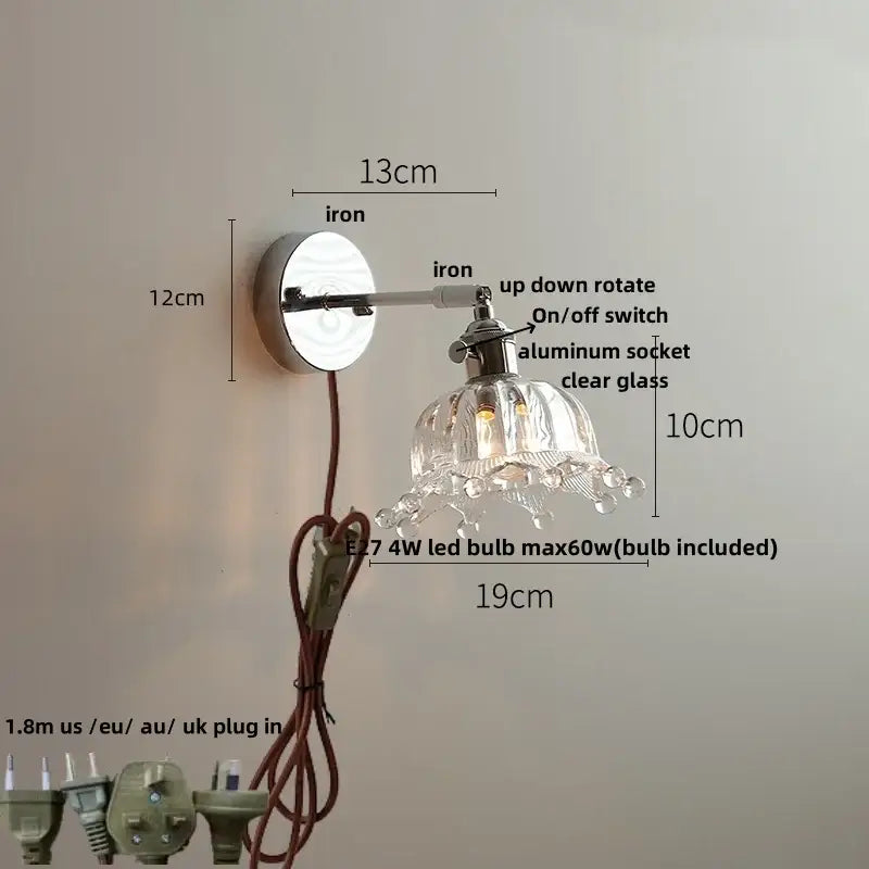 Vintage brushed nickel led glass wall light bedroom sconce