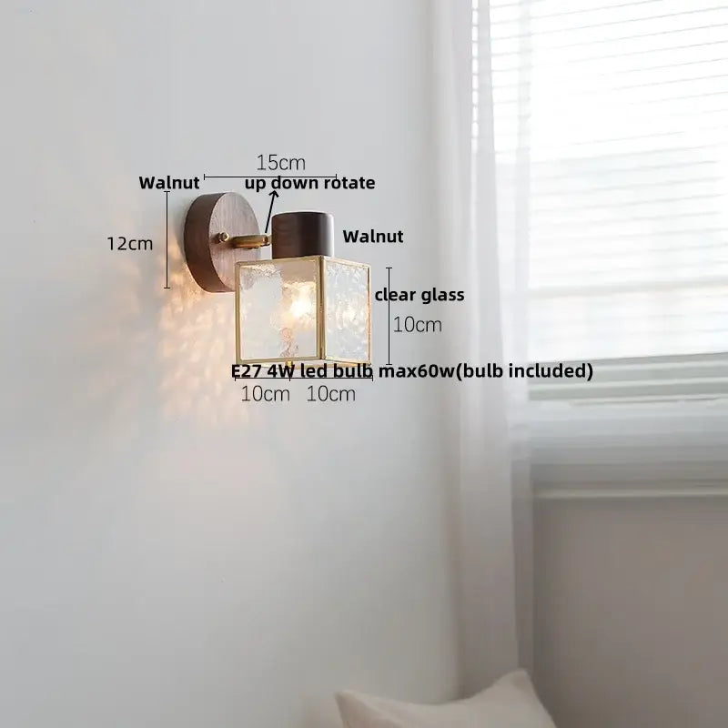 Rustic wood and brass led glass wall lamp bedroom sconce