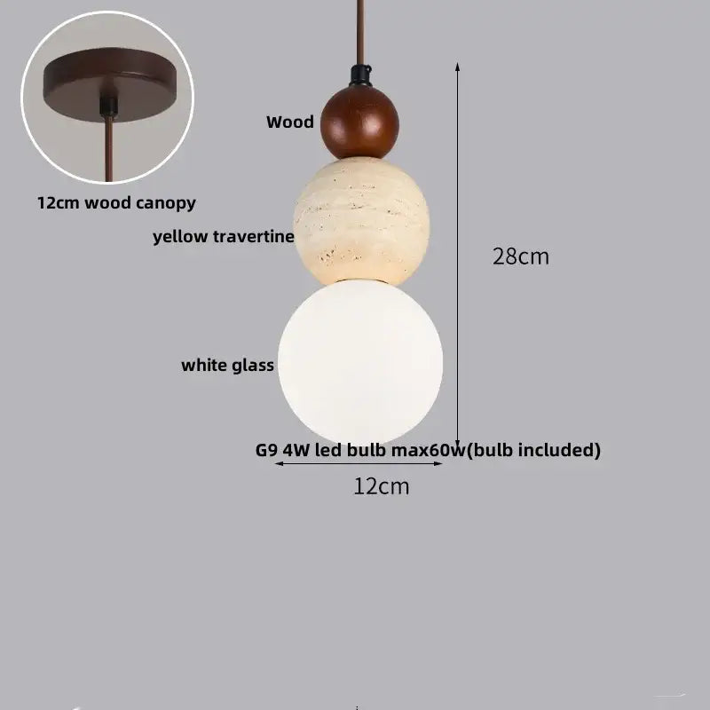 Wabi sabi beige stone and wood led pendant light dining room