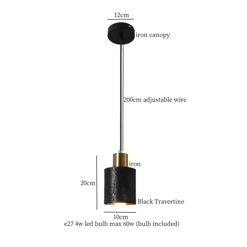 Black travertine cylindrical pendant light for dining room