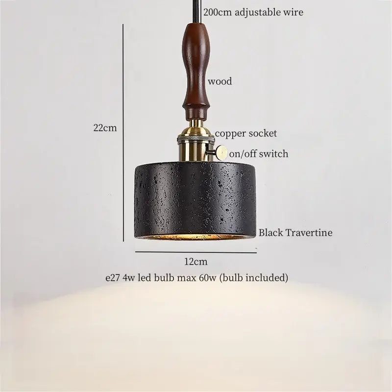 Black travertine cylindrical pendant light for dining room
