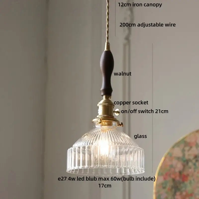 Blue ribbed glass and brass led pendant light for kitchens