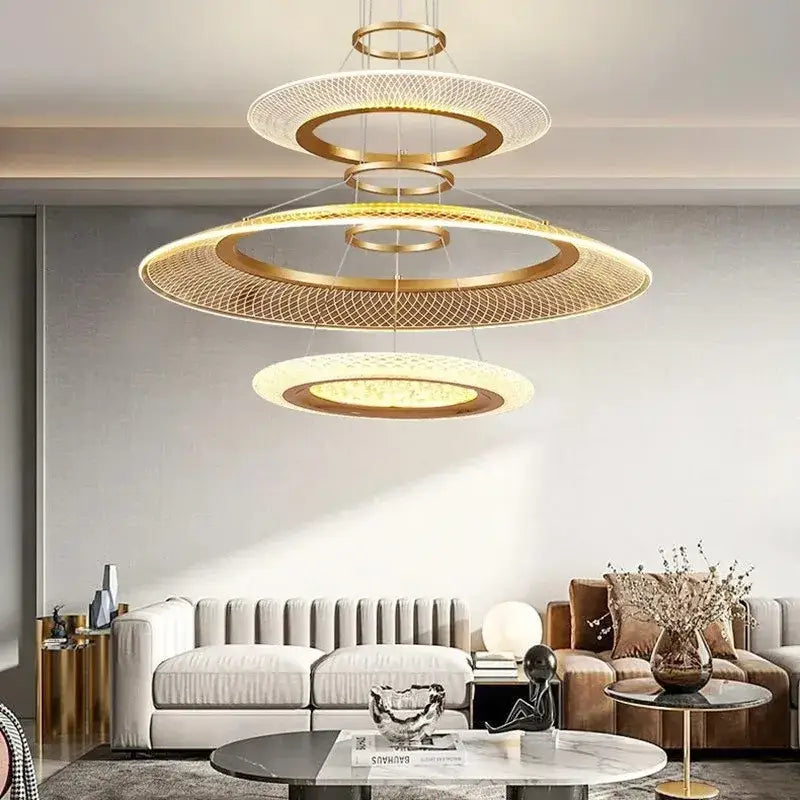 Modern gold & white woven mesh led ring chandelier living room