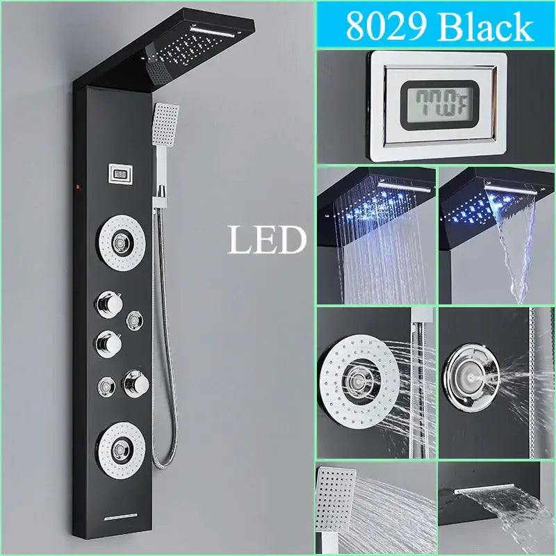 Black led shower panel tower with rainhead for bathroom massage spa