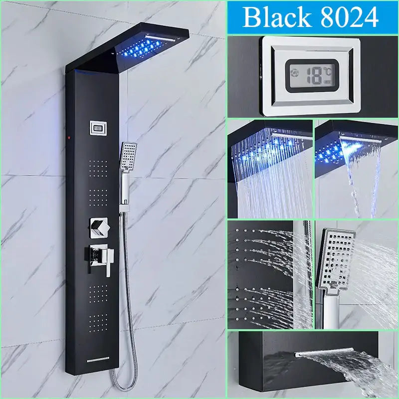 Black led shower panel tower with rainhead for bathroom massage spa