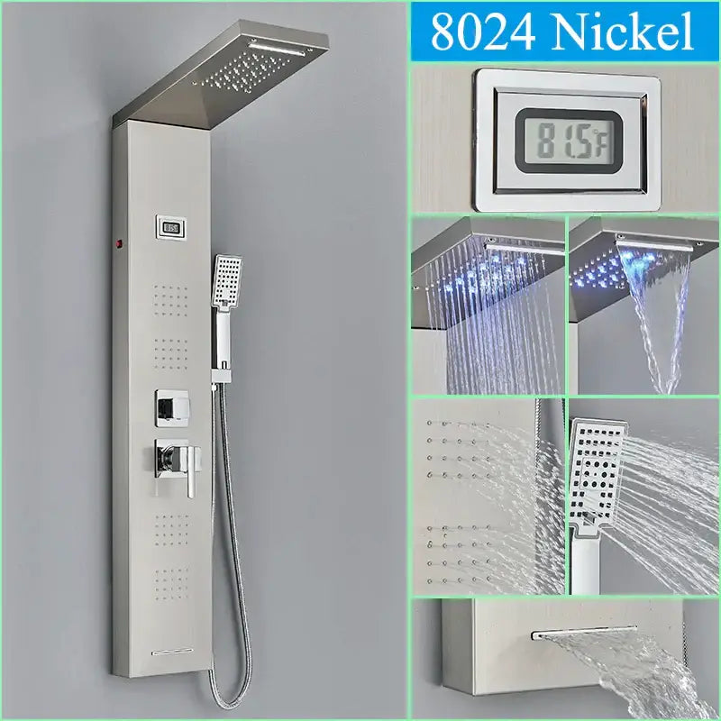 Black led shower panel tower with rainhead for bathroom massage spa
