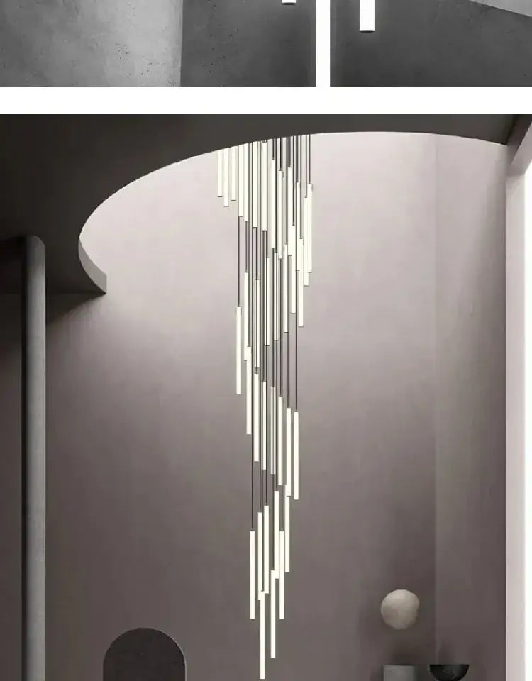 Modern black & white led spiral staircase chandelier living room
