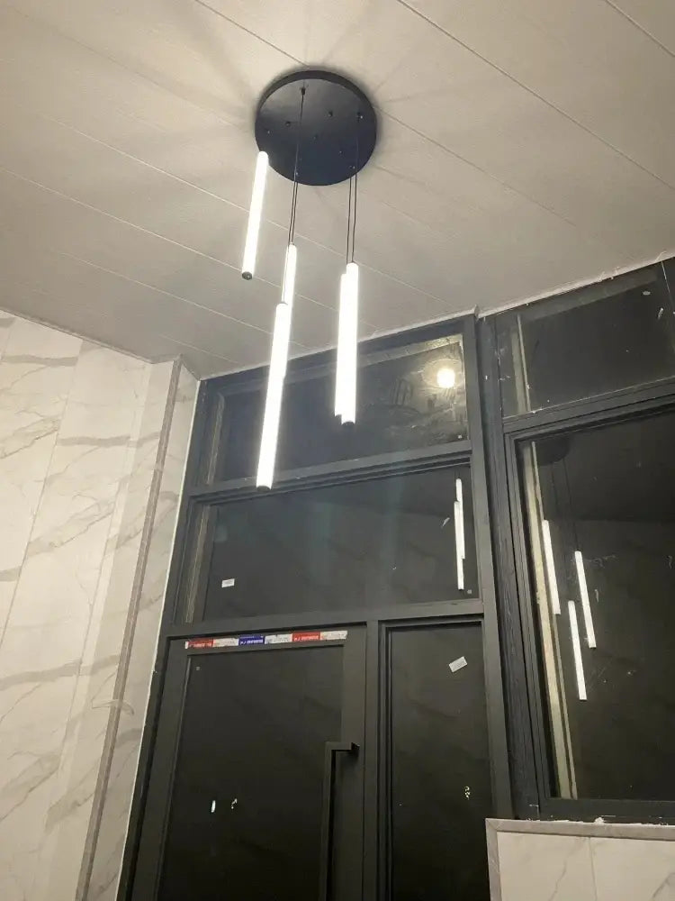 Modern black & white led spiral staircase chandelier living room