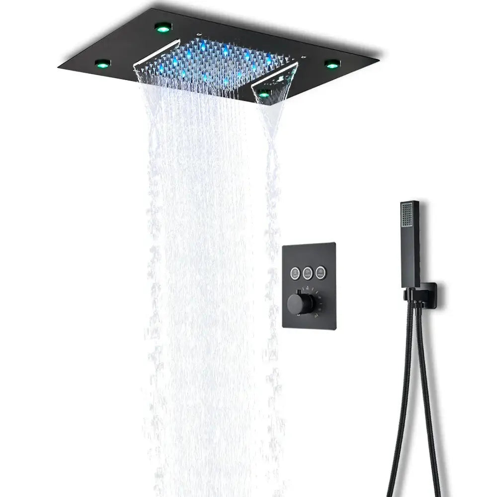 Black dual waterfall led thermostatic shower system bathroom rain head