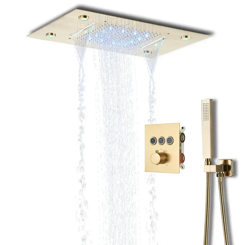 Black dual waterfall led thermostatic shower system bathroom rain head