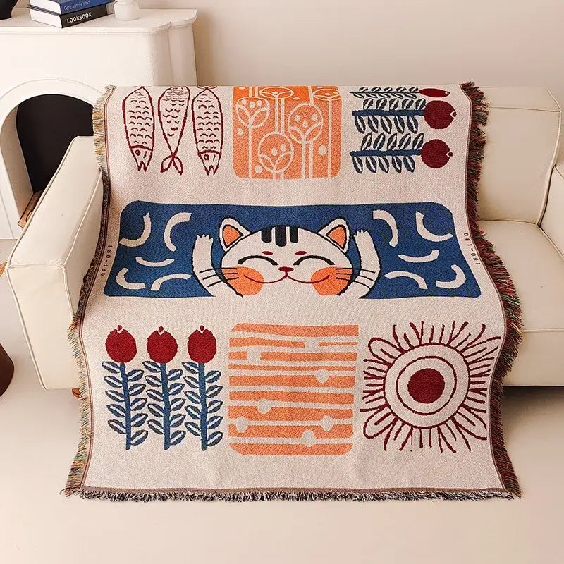 Pastel lucky cat knitted blanket living room sofa cover
