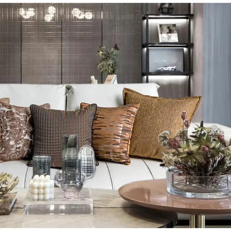 Luxe abstract brown & gray jacquard cushion covers living room