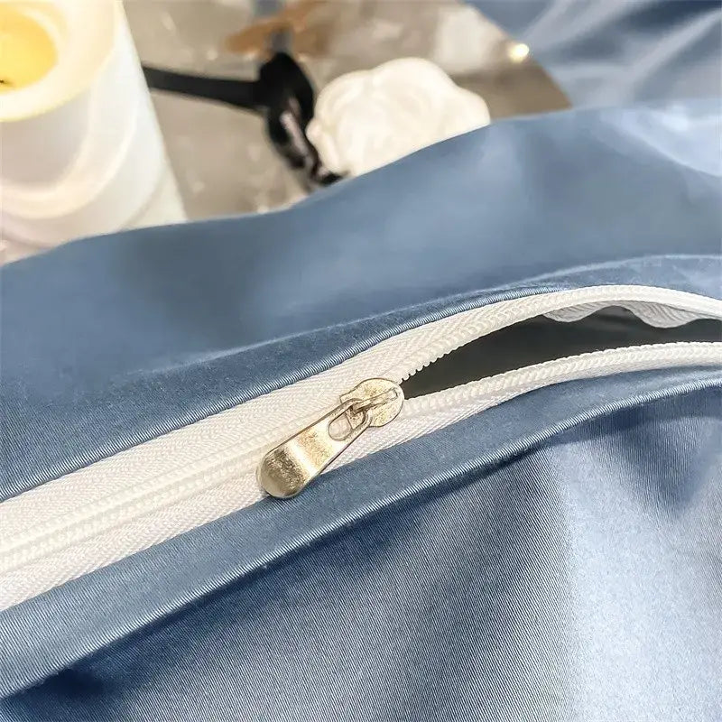 Luxurious light blue satin 3 piece duvet cover bedroom bedding set