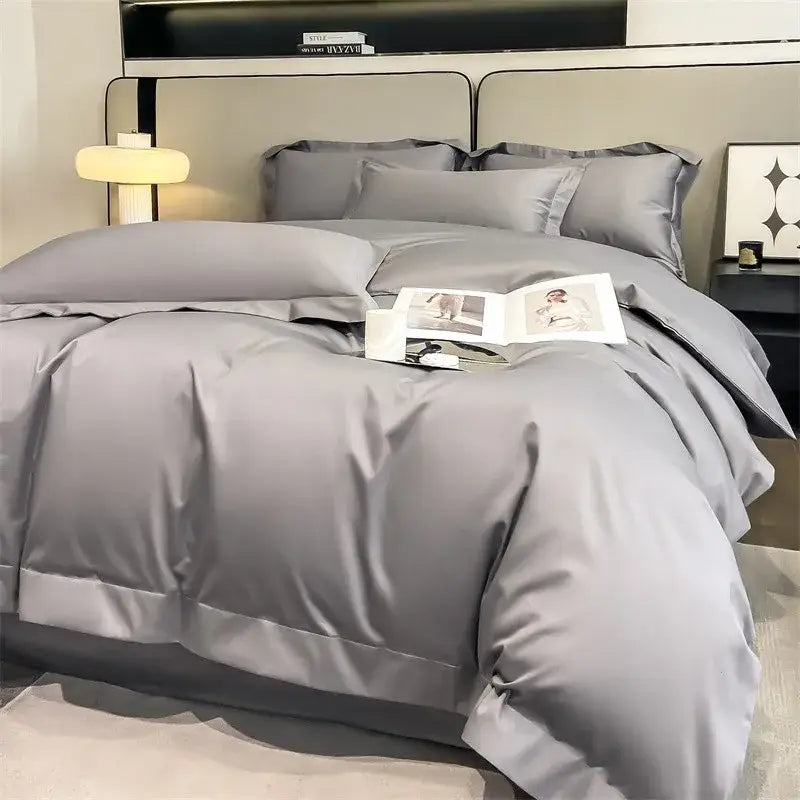 Luxurious gray satin duvet cover set bedroom stitched bedding