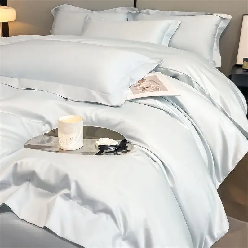 Luxurious light blue satin piece duvet cover set bedroom bedding