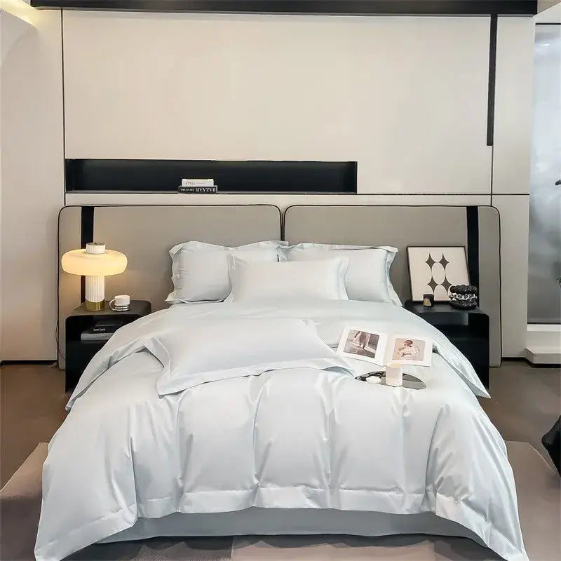 Luxurious light blue satin 3 piece duvet cover bedroom bedding set