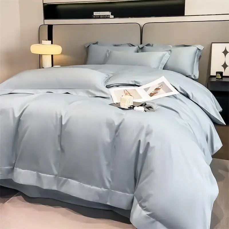 Luxurious light blue satin 3 piece duvet cover bedroom bedding set