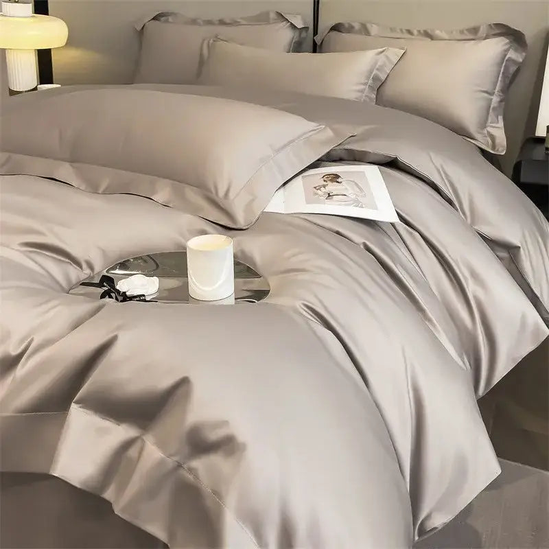 Luxurious gray satin duvet cover set bedroom stitched bedding