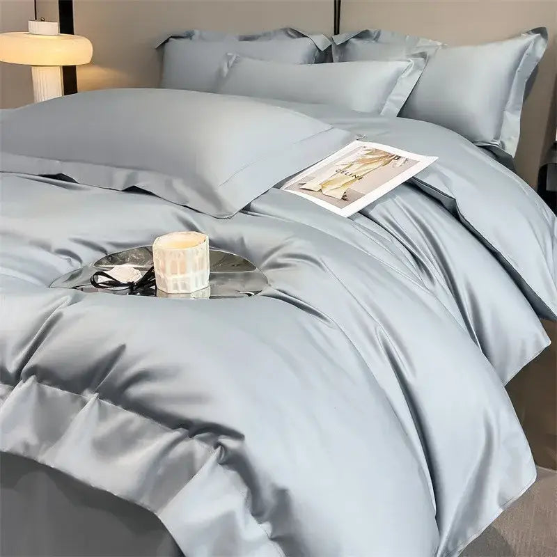 Luxurious light blue satin piece duvet cover set bedroom bedding