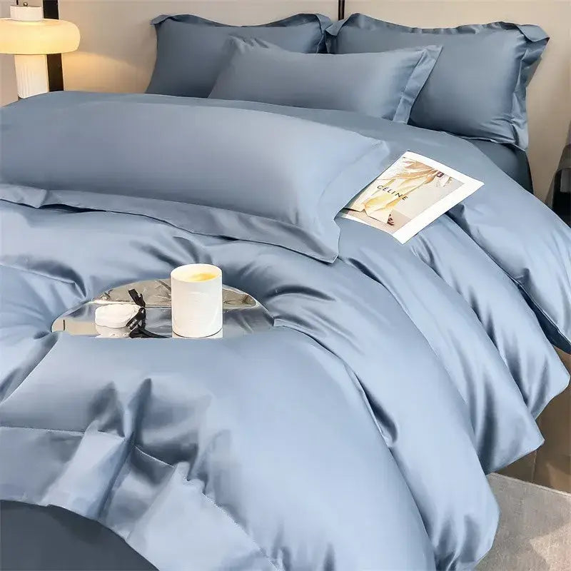 Luxurious light blue satin 3 piece duvet cover bedroom bedding set