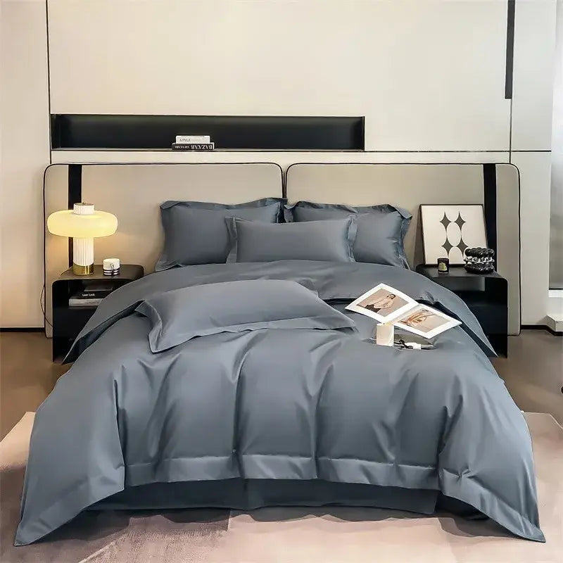 Luxurious gray satin duvet cover set bedroom stitched bedding