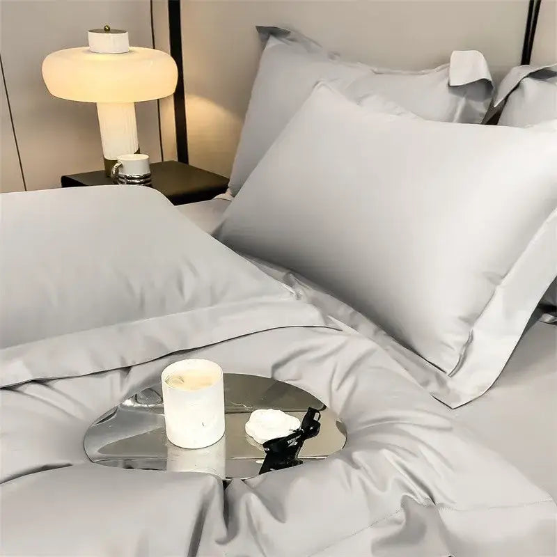 Luxurious gray satin duvet cover set bedroom stitched bedding