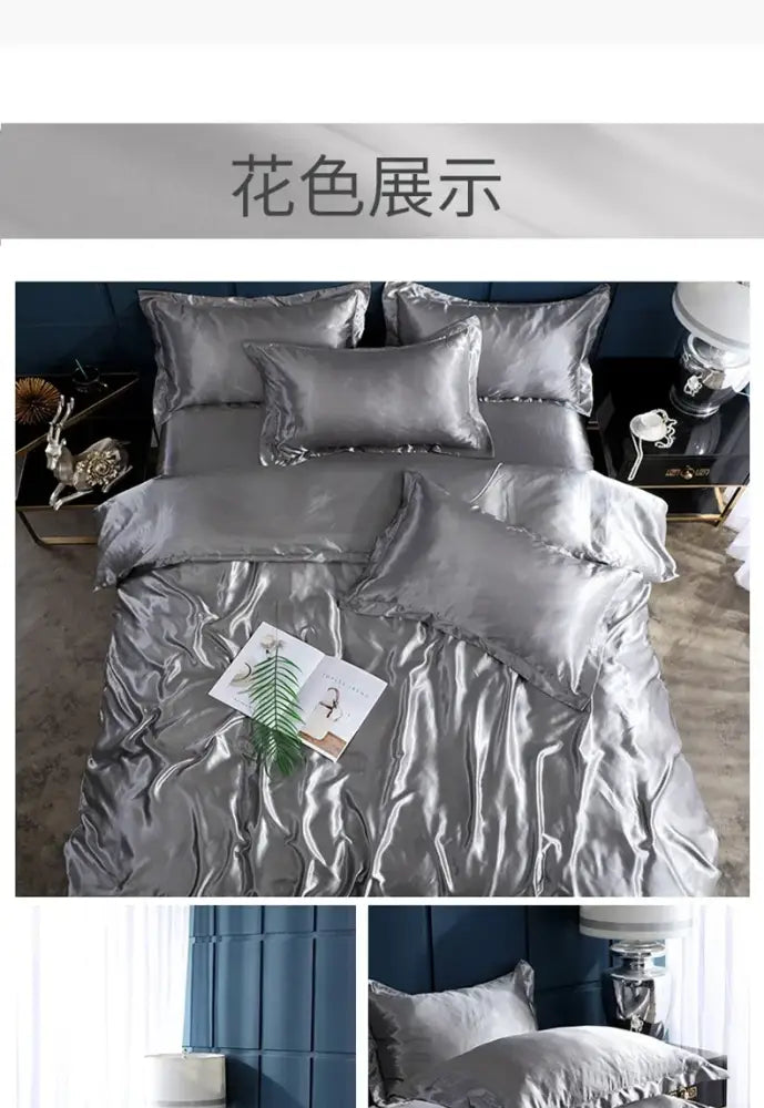 Lustrous purple satin duvet cover and bed sheet set bedroom bedding