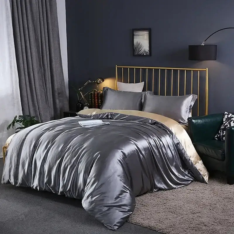 Luxurious copper satin duvet cover and bed sheet set bedroom