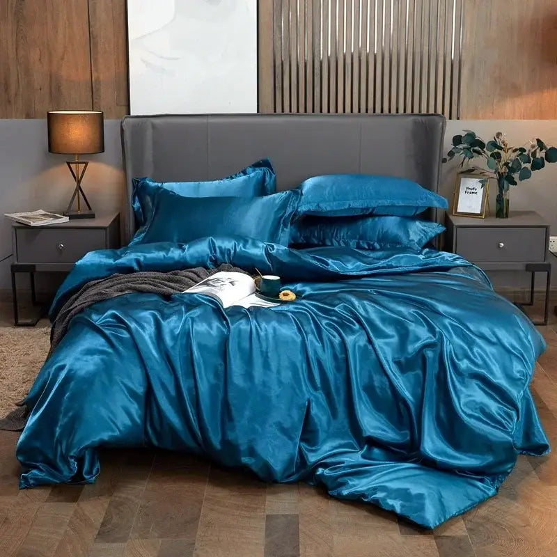 Luxurious turquoise satin duvet cover bedding set for bedroom