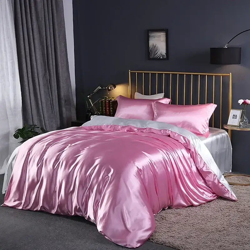 Luxurious crimson satin duvet cover and bed sheet bedroom set