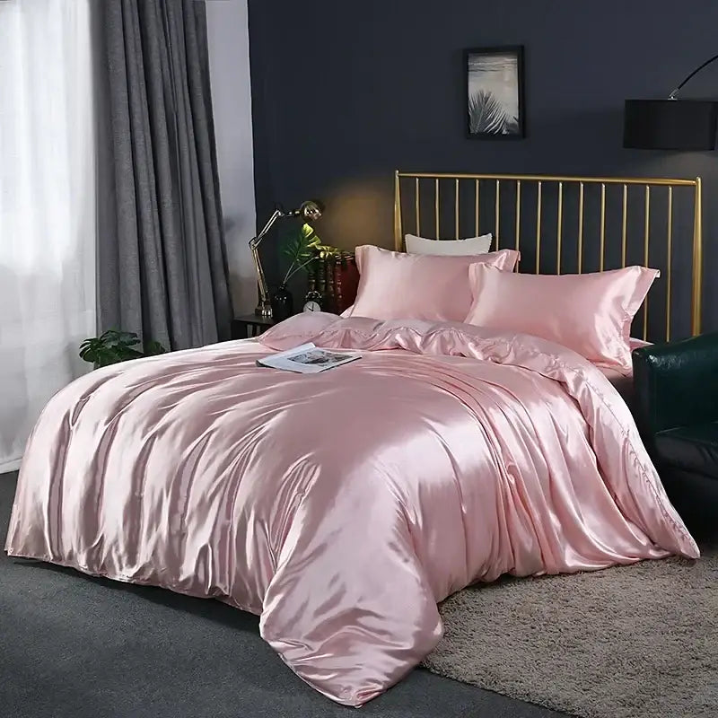 Luxurious crimson satin duvet cover and bed sheet bedroom set