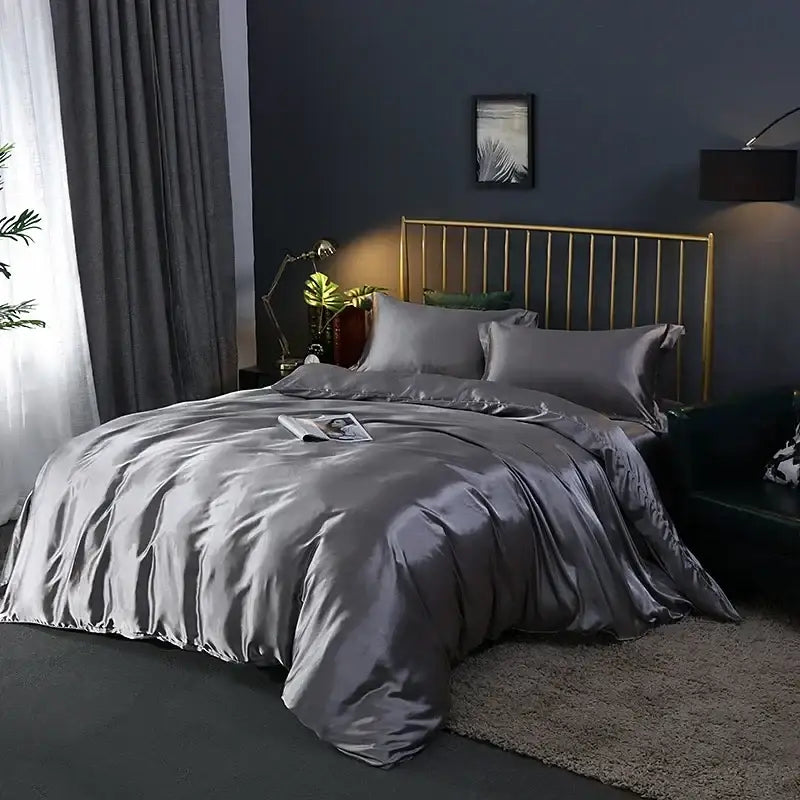 Luxurious pink satin duvet cover bedding set bedroom