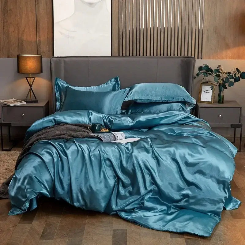 Luxurious crimson satin duvet cover and bed sheet bedroom set