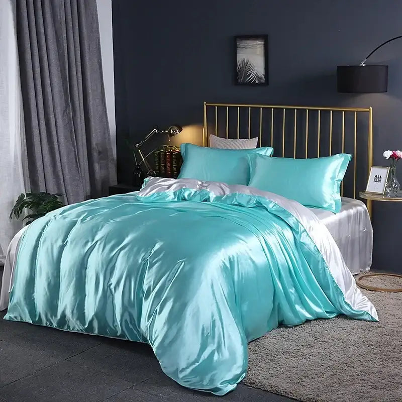 Luxurious crimson satin duvet cover and bed sheet bedroom set