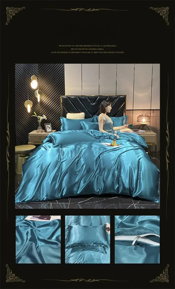 Luxurious navy blue silk duvet cover bedding set – bedroom