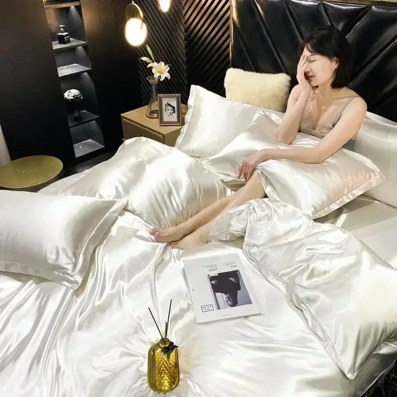 Luxurious navy satin bedding set king size bedroom duvet cover