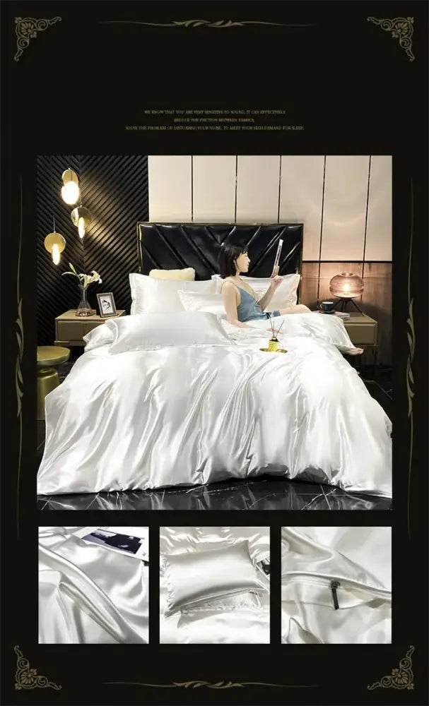 Luxurious champagne & deep red silk bedding set bedroom duvet cover