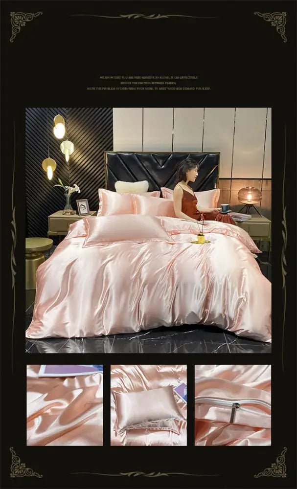 Champagne & red satin duvet cover bedding set for bedroom