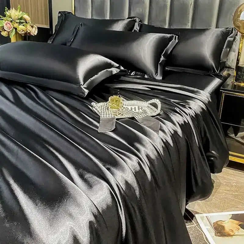 Luxurious pink satin duvet cover set bedroom silk bedding